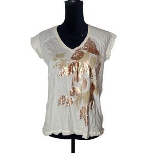 ⭐️ DKNY Cream Cotton Foil Leaves Y2K Textured V Neck Shirt